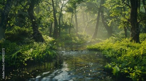 A lush green forest with a gentle stream.