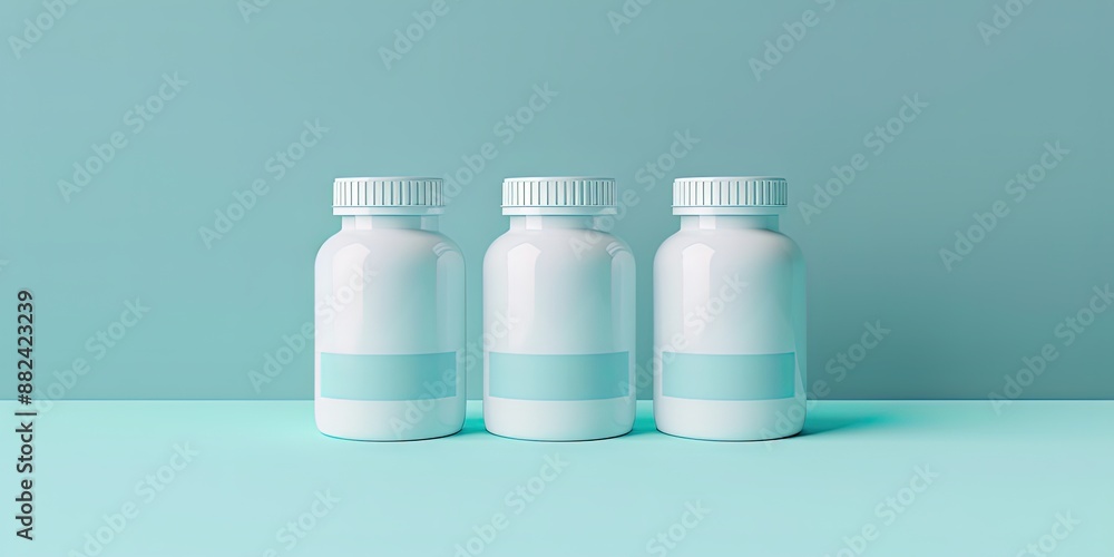 Trois flacons en plastique blanc alignés sur fond bleu Trois flacons en plastique blanc alignés sur fond bleu