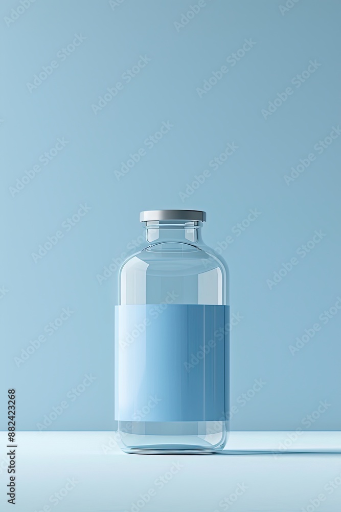 Flacon en verre transparent avec étiquette bleue sur fond bleu Flacon en verre transparent avec étiquette bleue sur fond bleu