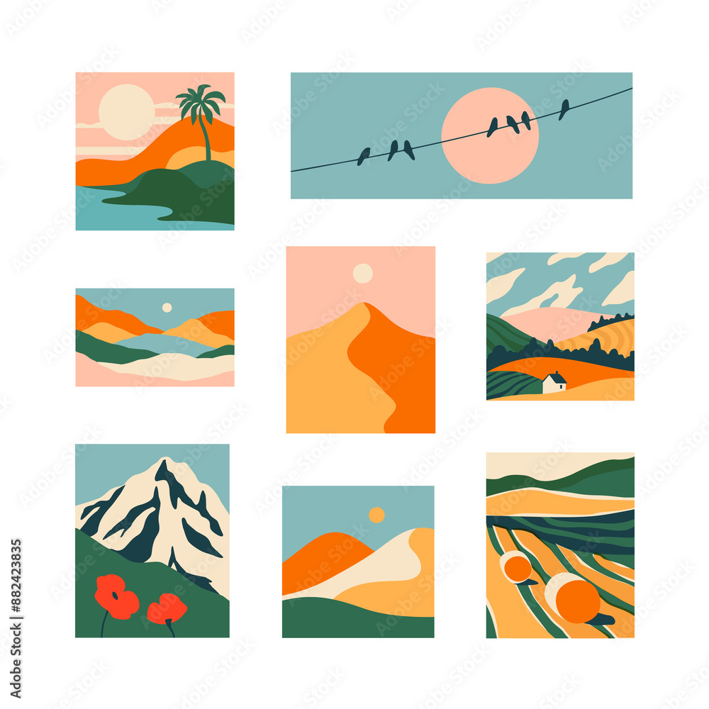 Set of retro nature landscape post card stamp. Vintage style natural environment scenery postage sticker collection, travel destination mail, beautiful tourism scenery. Includes mountain, beach view. Set of retro nature landscape post card stamp. Vintage style natural environment scenery postage sticker collection, travel destination mail, beautiful tourism scenery. Includes mountain, beach view.