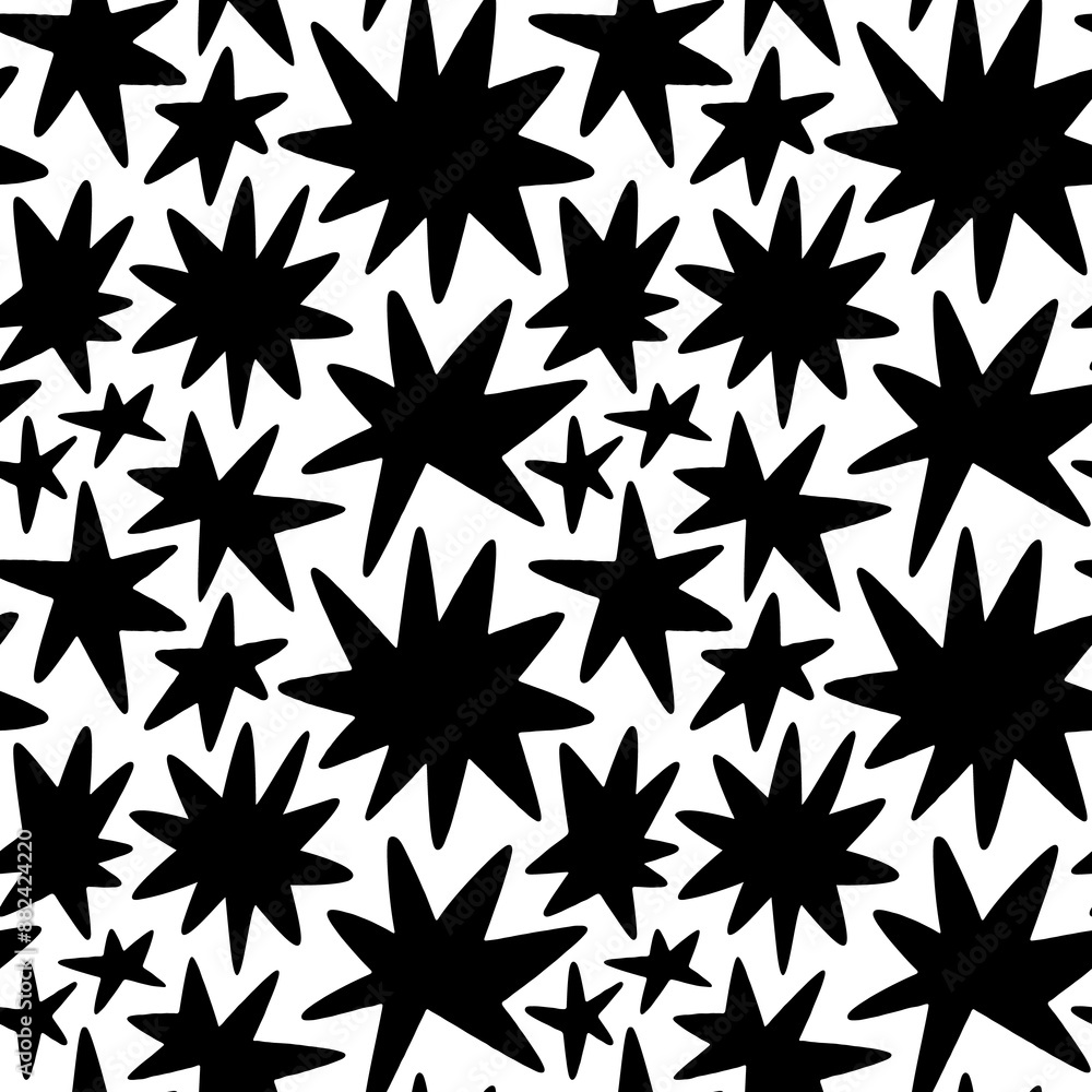 Abstract star shape seamless pattern with black and white geometric doodles. Flat organic cartoon background, simple random shapes print texture.
Abstract star shape seamless pattern with black and white geometric doodles. Flat organic cartoon background, simple random shapes print texture.