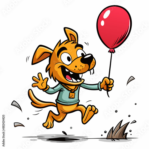 Bright and original illustration of a dog with a helium balloon: cartoon style, graffiti aesthetics and minimalism on a white background
