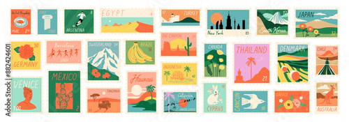 Set of vintage world travel post card stamp illustration. Retro style international country landscape postage sticker collection, famous landmark mail postmark, tourism city view postal label.	
