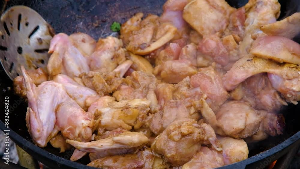 The meat is stewed in a cauldron. Chicken meat is stewed in a cauldron. A dish on a fire in a cauldron. Stewing meat in a cauldron The meat is stewed in a cauldron. Chicken meat is stewed in a cauldron. A dish on a fire in a cauldron. Stewing meat in a cauldron