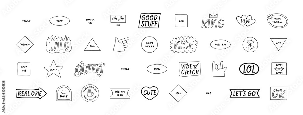 Set of fun black and white sticker illustration. Retro style hand drawn doodle quote label collection, funny chat text icon with modern slang and positive words. Isolated flat cartoon clip art bundle. Set of fun black and white sticker illustration. Retro style hand drawn doodle quote label collection, funny chat text icon with modern slang and positive words. Isolated flat cartoon clip art bundle.