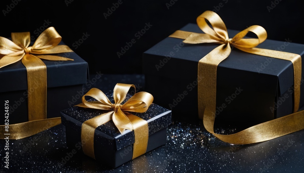 Luxury gift box wrapped with a gold bow, placed on a sparkly surface Luxury gift box wrapped with a gold bow, placed on a sparkly surface