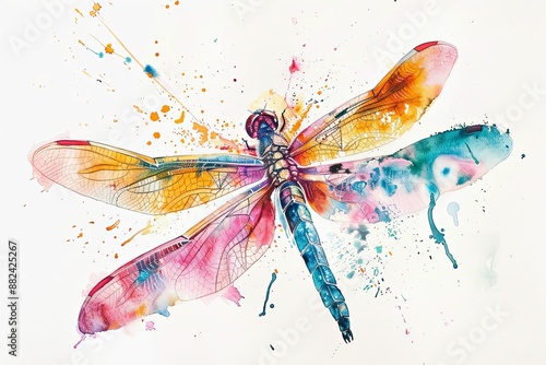 Watercolor painting of a colorful dragonfly on a white background