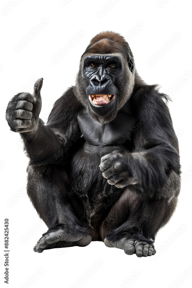Funny gorilla sitting and showing thumbs up isolated on transparent background, PNG, cutout Funny gorilla sitting and showing thumbs up isolated on transparent background, PNG, cutout