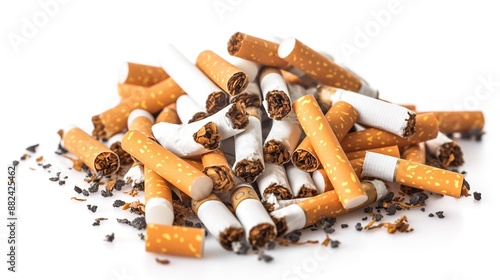 close up side view on cigarettes pile heap on white background photo