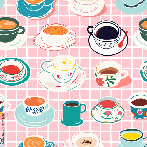 Hand drawn vintage coffee mug seamless pattern. Breakfast tea cup background illustration with retro floral print, fine china hot drink wallpaper texture.  