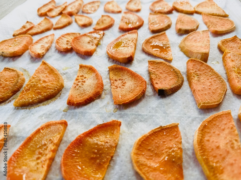 Freshly baked sweet potato slices.
Freshly baked sweet potato slices.