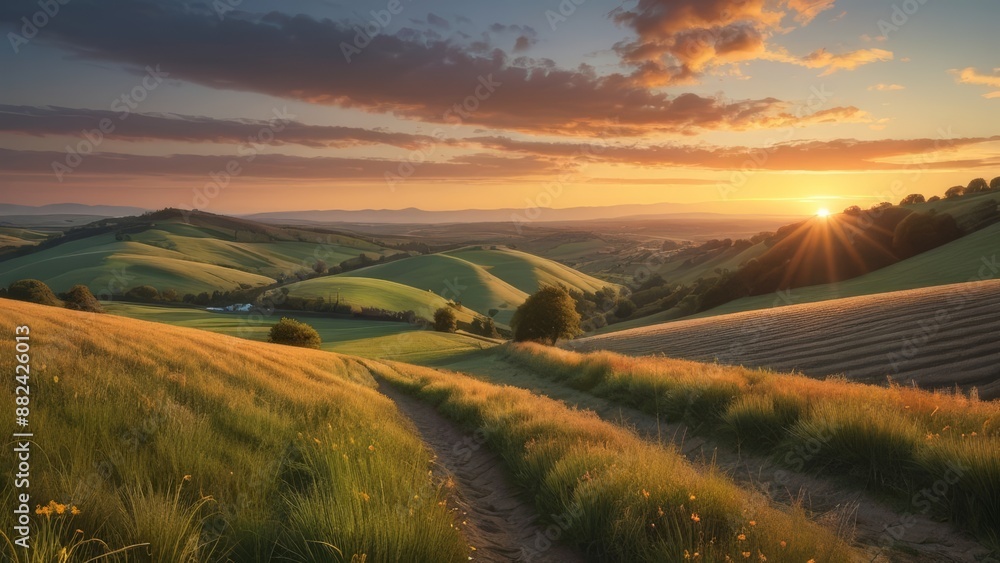 Fototapeta premium A vibrant sunset casts a golden glow over rolling hills and fields, captured from a low angle to showcase the stunning gradient of colors.