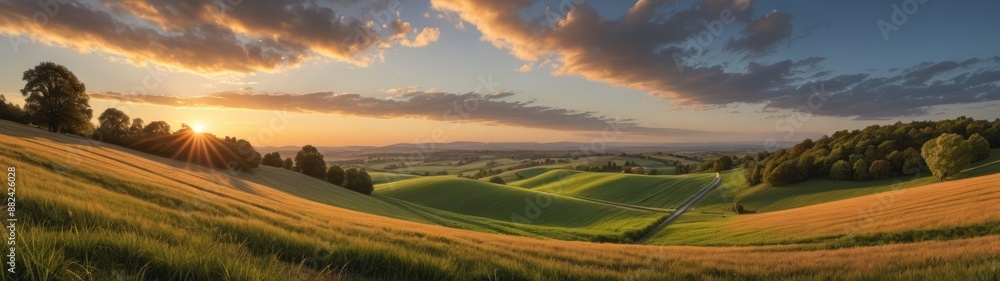 Obraz premium A vibrant sunset casts a golden glow over rolling hills and fields, captured from a low angle to showcase the stunning gradient of colors.