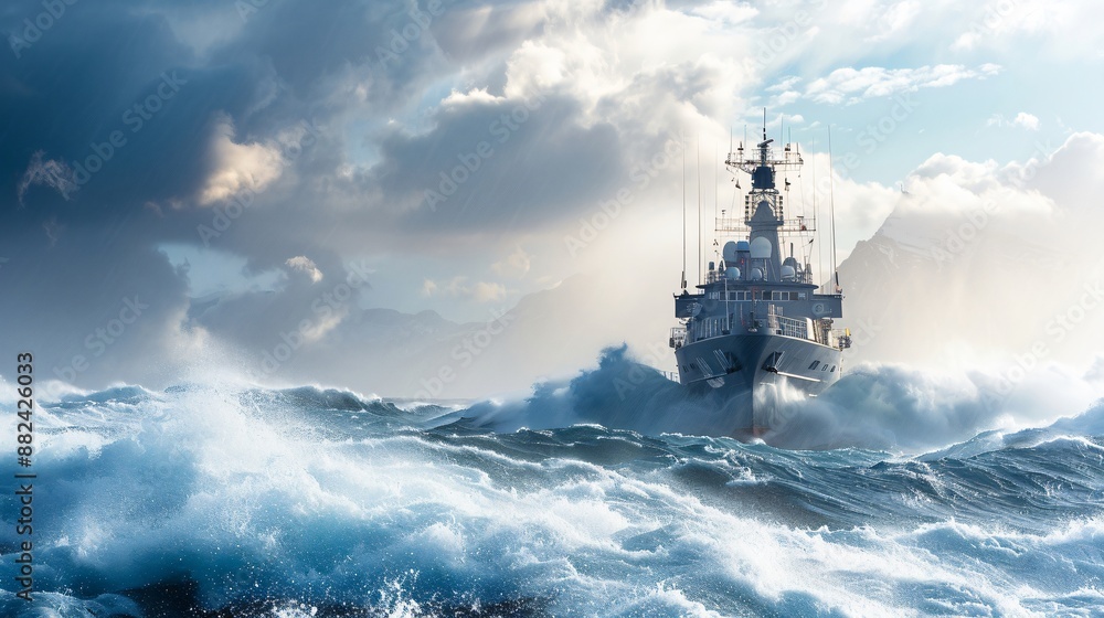 Modern navy warship sailing powerful through ocean storm waves
