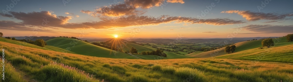 A vibrant sunset casts a golden glow over rolling hills and fields, captured from a low angle to showcase the stunning gradient of colors. A vibrant sunset casts a golden glow over rolling hills and fields, captured from a low angle to showcase the stunning gradient of colors.