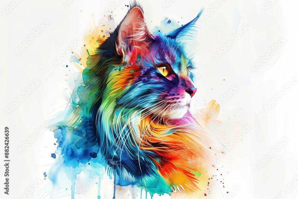Obraz premium Watercolor painting of a Maine Coon cat with a colorful and vibrant background
