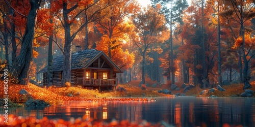 Cozy cabin in autumn forest for National Forest Retreat Day, November 12th, tranquil escape, warm ambiance, scenic beauty