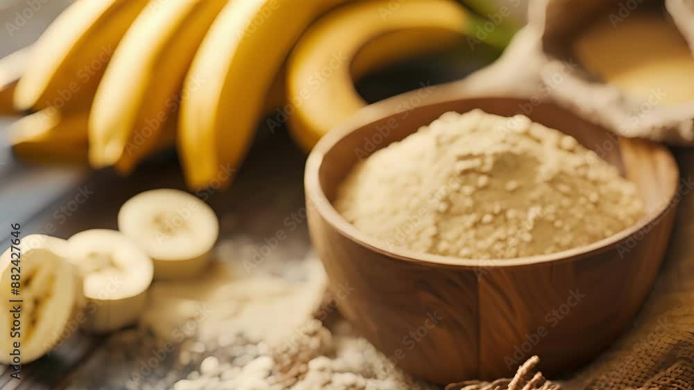 A bundle of banana flour being poured from a sack into a large bowl a trendy and glutenfree option for baking yummy treats. A bundle of banana flour being poured from a sack into a large bowl a trendy and glutenfree option for baking yummy treats.
