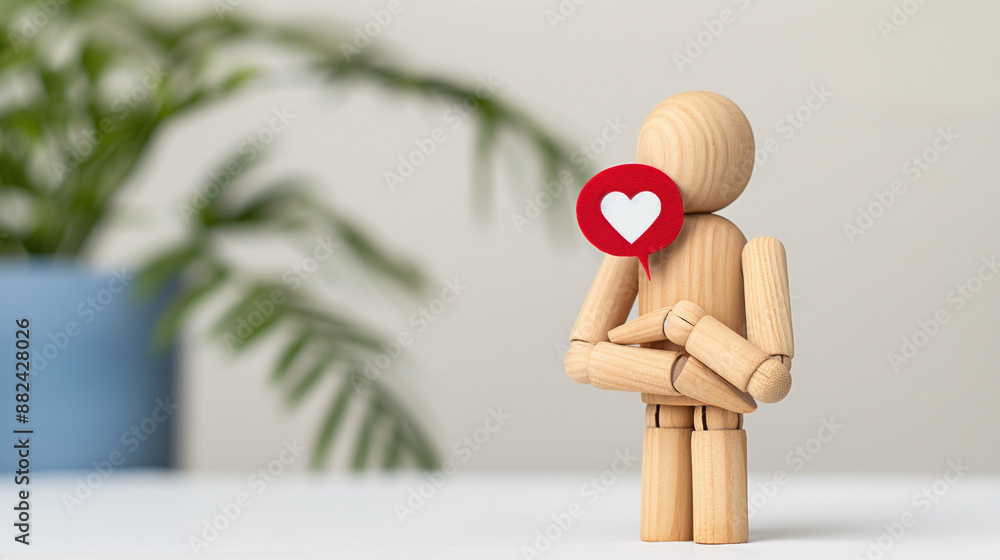 Contemplative Wooden Mannequin with Heart Symbol. Minimalistic Artistic Home Decor Contemplative Wooden Mannequin with Heart Symbol. Minimalistic Artistic Home Decor