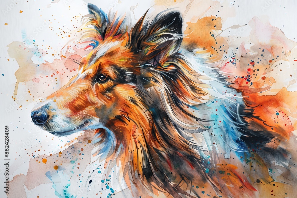 Naklejka premium A watercolor painting of a Shetland Sheepdog with vibrant colors