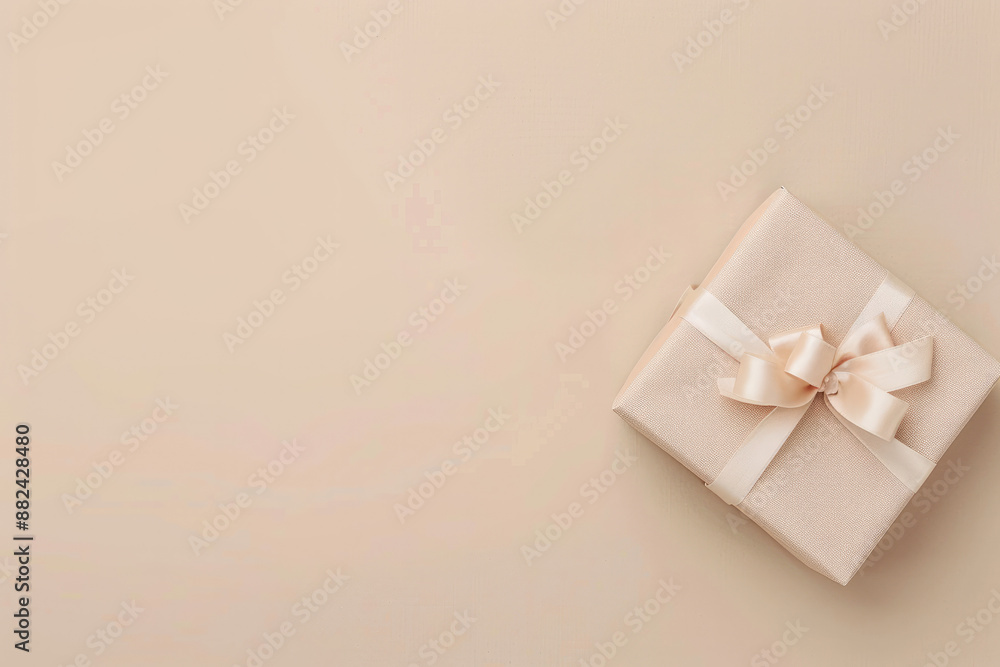 A minimalist image featuring gift box on the right. The gift is wrapped in pastel paper with a ribbon bow, against a solid, neutral background with empty space on the left A minimalist image featuring gift box on the right. The gift is wrapped in pastel paper with a ribbon bow, against a solid, neutral background with empty space on the left
