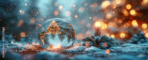 A Winter Scene With A Snow Globe And Christmas Lights