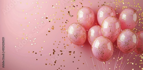 Pink and Gold Balloons With Confetti Falling Against a Pink Background