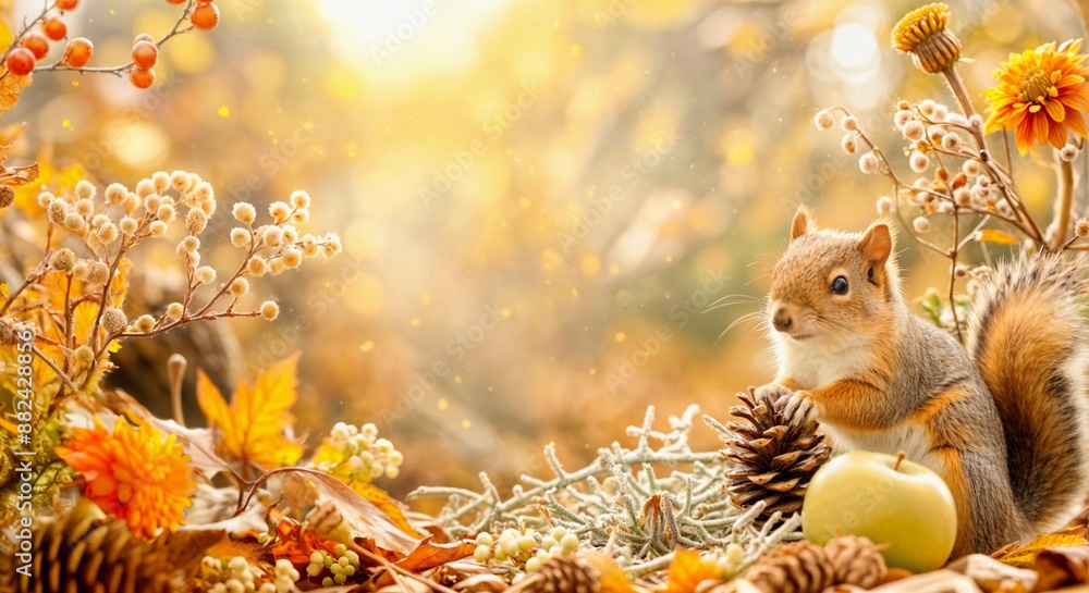 Squirrel in autumn forest. Red animal with pine cone on tree background. Wild nature life frame border with space. Cute fall squirrel with leaf, flower, apple. Small animal with beautiful tail Squirrel in autumn forest. Red animal with pine cone on tree background. Wild nature life frame border with space. Cute fall squirrel with leaf, flower, apple. Small animal with beautiful tail