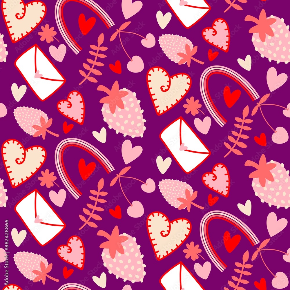 Fototapeta premium Cartoon doodle seamless cherry and strawberry and letters and rainbow pattern