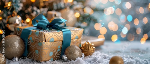 Gold Gift Box and Ornament in Snowy Winter Scene