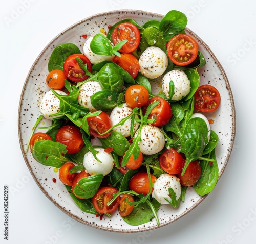 Fresh Caprese Salad With Cherry Tomatoes and Basil on a White Plate