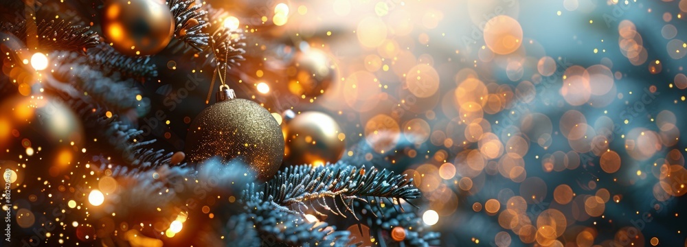 Close Up of Christmas Tree Decorated With Gold Ornaments Close Up of Christmas Tree Decorated With Gold Ornaments