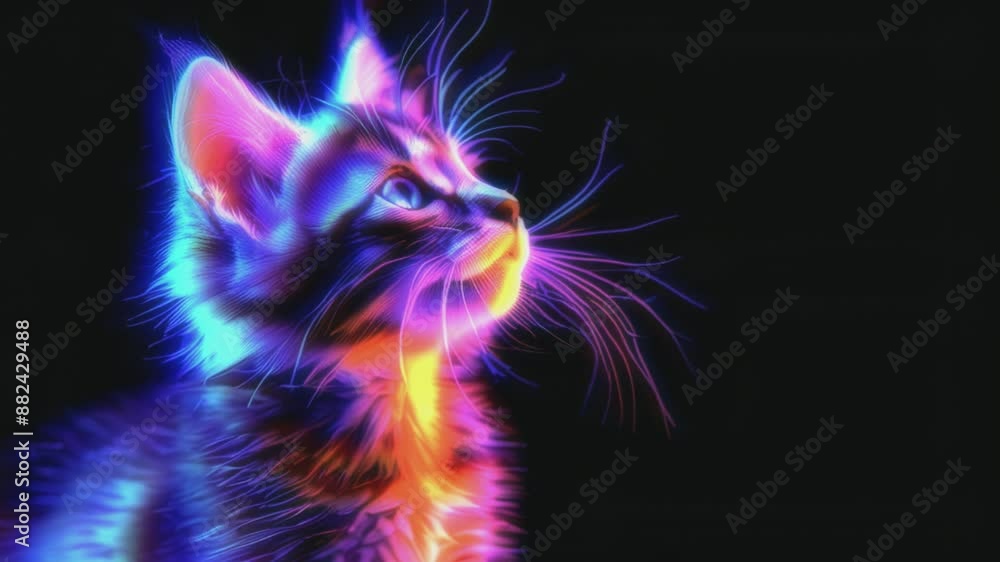 Mesmerizing beauty of a neon-lit cat in stunning close-up video. Vibrant colors illuminate the feline's features, creating a captivating and surreal visual effect against a dark background. Mesmerizing beauty of a neon-lit cat in stunning close-up video. Vibrant colors illuminate the feline's features, creating a captivating and surreal visual effect against a dark background.