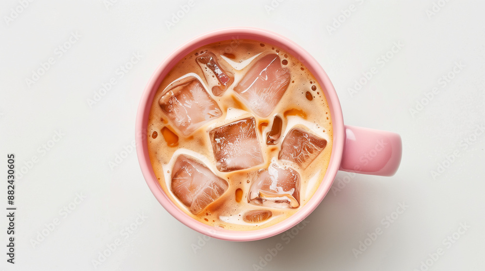 Ice latte in a mug, top view, white background