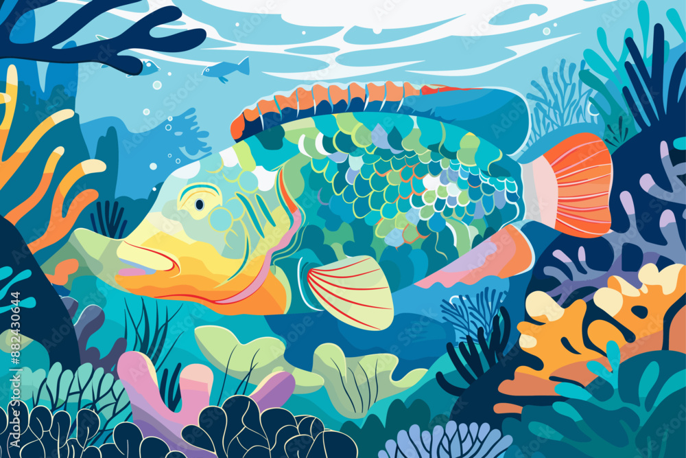 Naklejka premium parrotfish in a colorful underwater scene filled with coral and marine plants. The parrotfish is depicted with a spectrum of bright colors and intricate scale patterns, swimming among the reef.