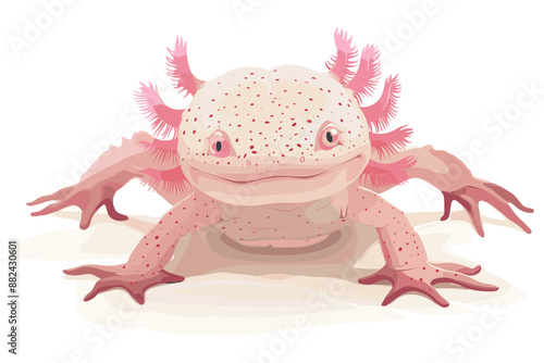 Front view of an axolotl with pink gills and a speckled body, showing a curious and friendly expression.