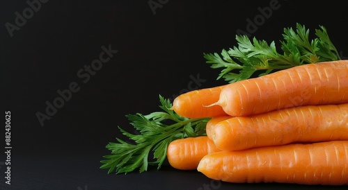 Freshly Harvested Orange Carrots With Green Tops on a Dark Countertop