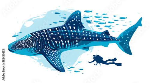 A diver approaches a massive whale shark underwater, showing its white spots, it is surrounded by a smaller fish