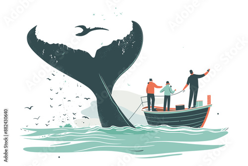 people on a boat spotting the tail of a whale emerging from the water. The illustration captures the excitement of whale watching, with the massive whale tail creating a splash and the people pointing