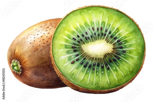 Ripe whole kiwi fruit and half kiwi fruit isolated on white background