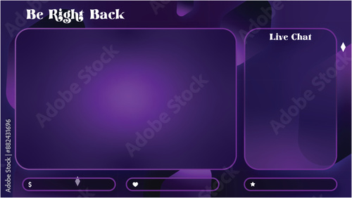 Stream be right back overlay with a chat box, purple glowing stream overlay for a gamer
