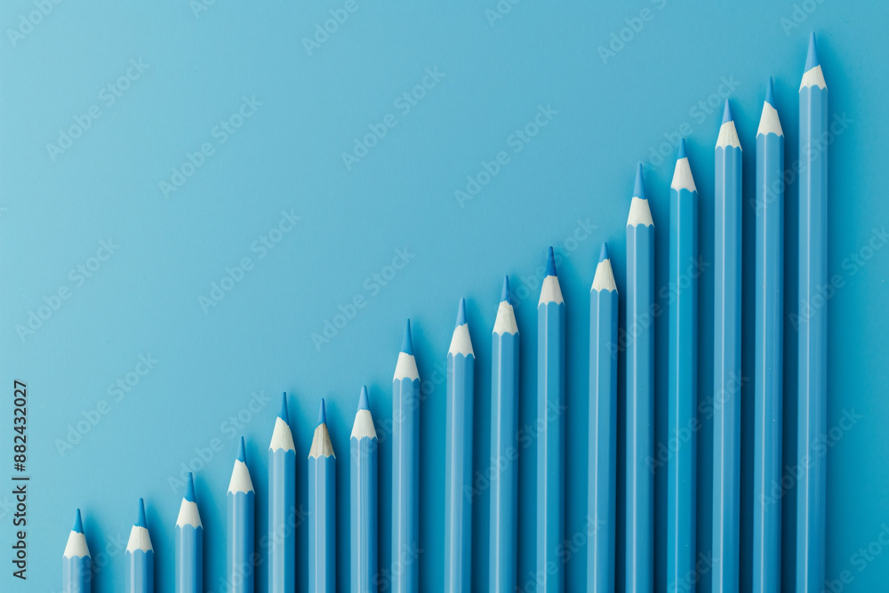 Light blue pencils on blue background shaped as upward graph representing growth and achievement. Suitable for educational, business, or motivational purposes. Light blue pencils on blue background shaped as upward graph representing growth and achievement. Suitable for educational, business, or motivational purposes.