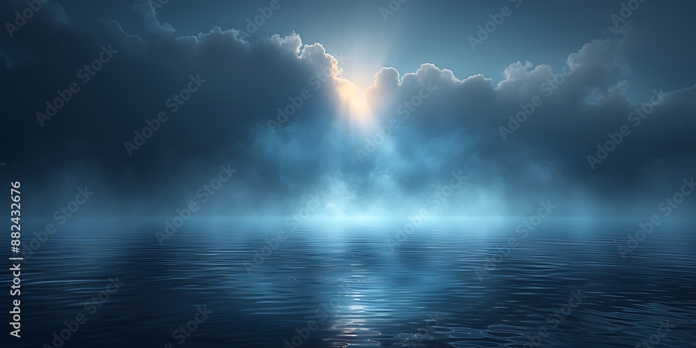 Dark blue ocean with light beam on misty backdrop Dark blue ocean with light beam on misty backdrop