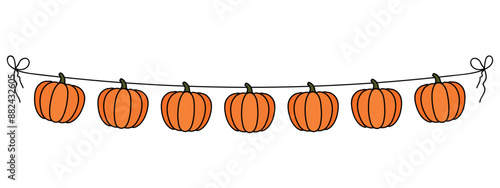 orange pumpkins hanging on a string, fall season banner decoration element, colorful seasonal festive garland, black outline, vector illustration