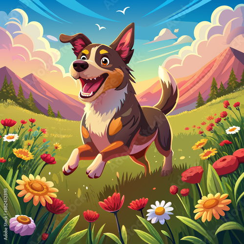 Happy dog bounding across a field of wildflowers, zest for life evident in every joyful stride