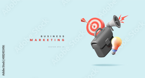 Business, marketing, briefcase, target, light bulb, loudspeaker. For marketing, information, promotion, business, and success concepts. Vector
