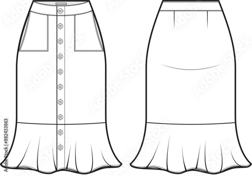 A technical fashion drawing for a mermaid skirt with buttons and pockets in the front, a ruffled hem, and darts at the back. The front of the skirt features a row of functional or decorative buttons.