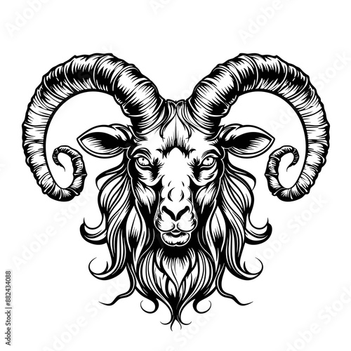 A ram with horns is drawn in black and white. The ram has a menacing look on its face, with its eyes wide open and its mouth open