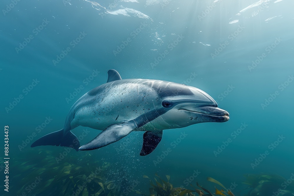 A Vaquita dolphin swimming gracefully in clear blue waters, its small, rounded body and distinctive dark patches around its eyes visible. A Vaquita dolphin swimming gracefully in clear blue waters, its small, rounded body and distinctive dark patches around its eyes visible.