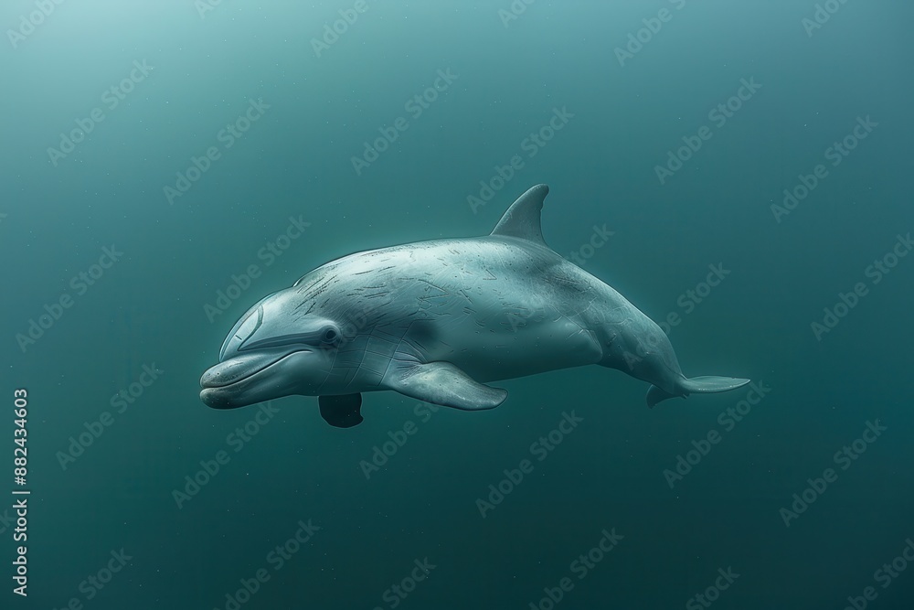 Fototapeta premium A Vaquita dolphin swimming gracefully in clear blue waters, its small, rounded body and distinctive dark patches around its eyes visible. 